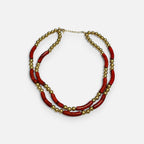 Jakris double-strand necklace featuring red tube beads and gold-toned round beads in a vintage style