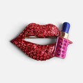 Jakris pop art brooch featuring red crystal lips and a lipstick accessory with blue and pink accents