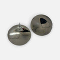 Jakris silver-toned circular mirror earrings with a polished reflective finish on a white fabric background