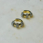 Jakris small gold hoop earrings featuring baguette cut stones, perfect as a gift for Mother's Day.