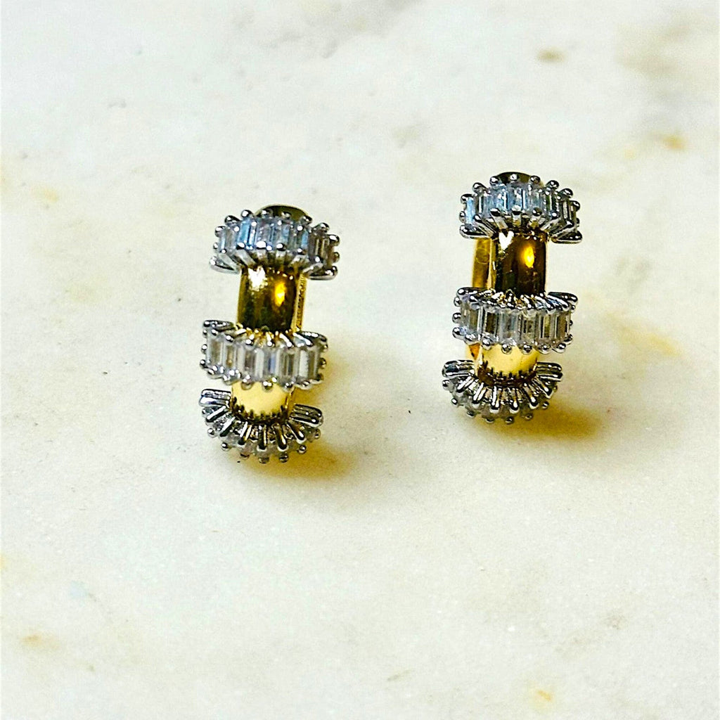 Jakris small gold hoop earrings featuring baguette-cut crystal stones, perfect for a Mother's Day gift.