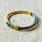 Jakris thin leather bracelet featuring a textured gold-plated bronze cuff and grey leather cords.