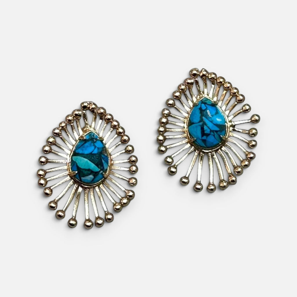 Jakris bohemian sunburst earrings featuring teardrop turquoise stones set in vintage gold-plated metal