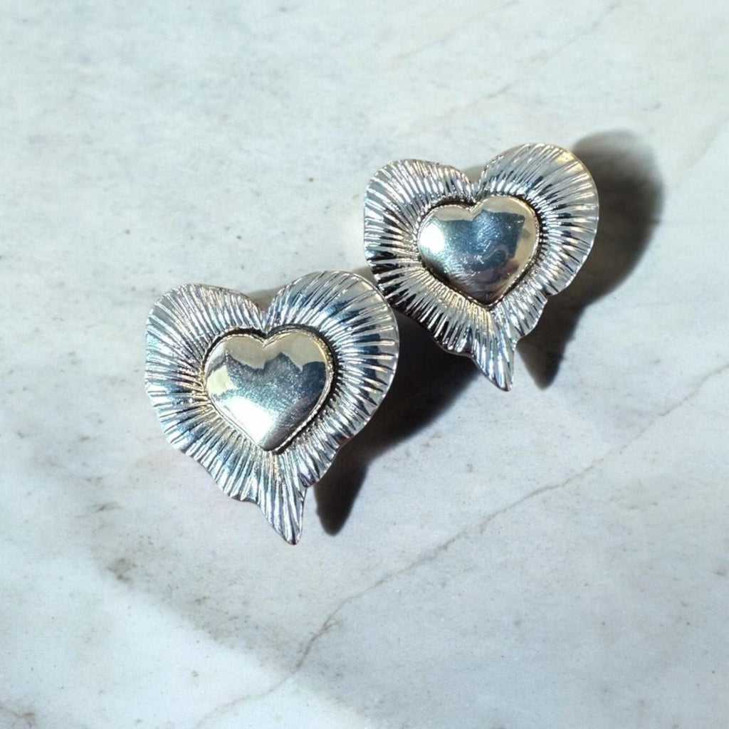 Jakris vintage style two-piece detachable silver heart earrings with a textured sunburst design