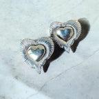 Jakris vintage style two-piece detachable silver heart earrings with a textured sunburst design