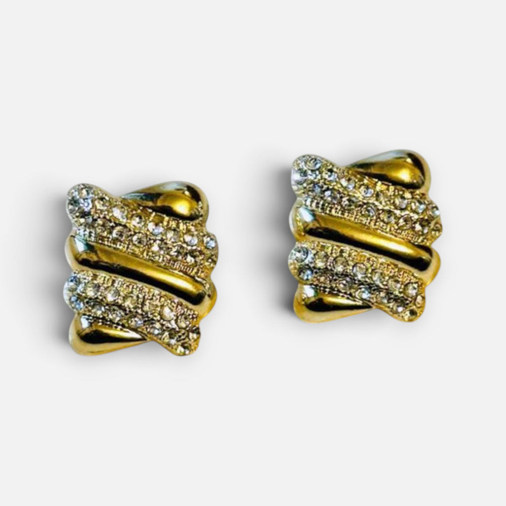 Jakris vintage rectangular gold earrings featuring sparkling zircon stones in a thick, layered design.