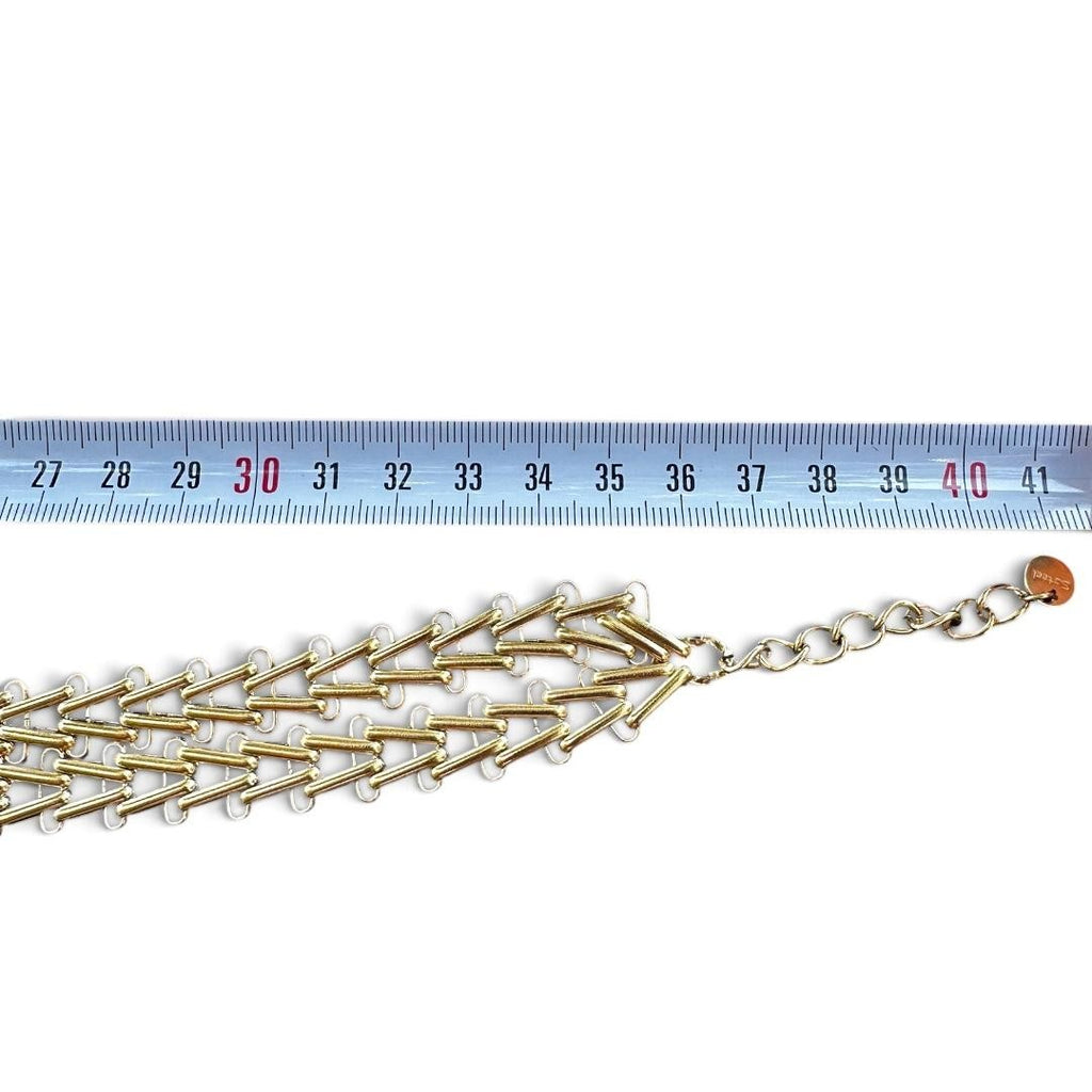 Jakris Zafira gold-toned multi-strand woven chain necklace with adjustable extension chain and measurement scale