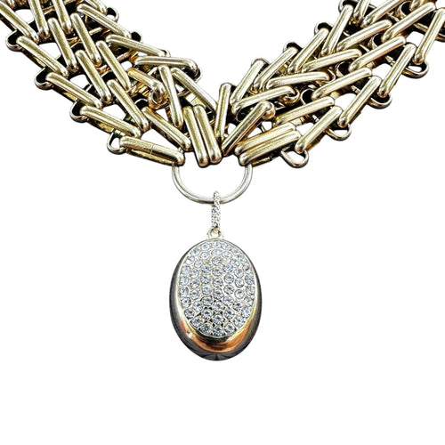 Jakris Zafira gold-tone multi-strand woven chain necklace with a central oval pendant featuring sparkling crystal stones