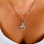 Jakris gold-tone letter A pendant necklace featuring a small bee charm with sparkling zircon stones on a chain