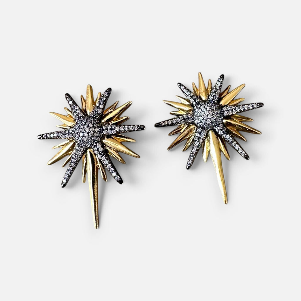 Jakris star-shaped earrings featuring gold and silver-toned metal with sparkling zircon stones on a grey surface.