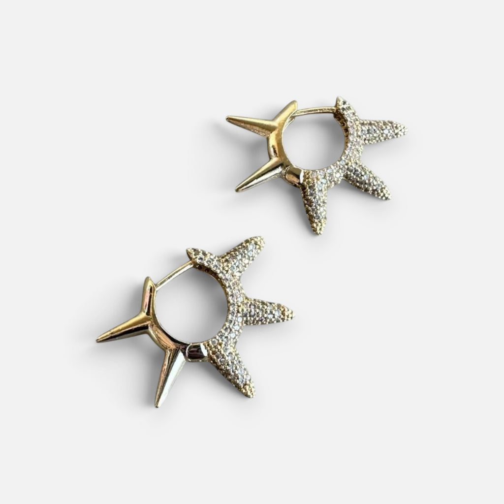 Jakris gold hoop earrings featuring a sunburst design with sparkling zircon stones on a white background