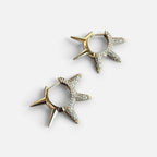 Jakris gold hoop earrings featuring a sunburst design with sparkling zircon stones on a white background
